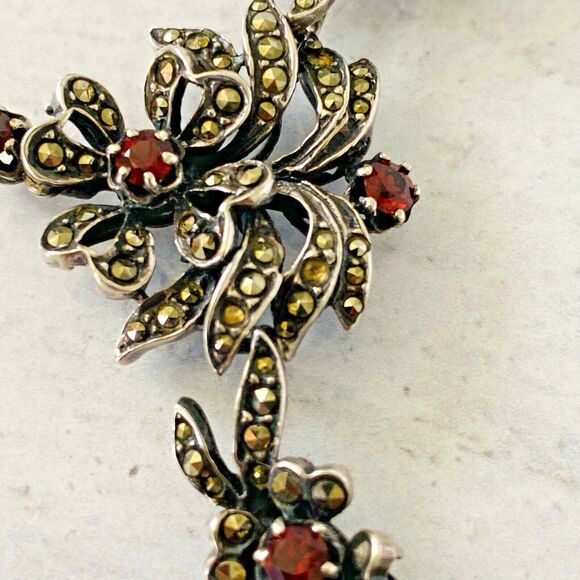 Gorgeous Sterling Silver Marcasite Garnet Necklace 20 In Long January Birthstone - Picture 13 of 16